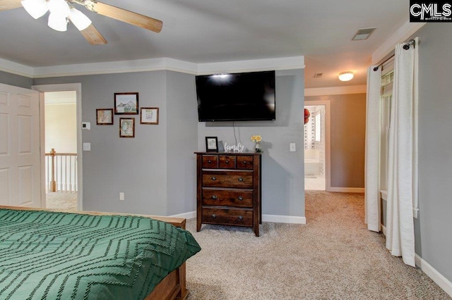 115 Chestnut Woods Ln, Columbia, SC 29212 - bedroom featuring light carpet, baseboards, crown molding, and a ceiling fan