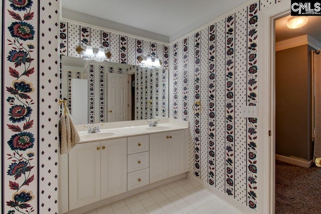 115 Chestnut Woods Ln, Columbia, SC 29212 - full bath with wallpapered walls, double vanity, baseboards, and tile patterned flooring
