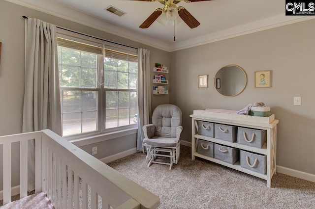 115 Chestnut Woods Ln, Columbia, SC 29212 - bedroom with baseboards, light colored carpet, ceiling fan, and ornamental molding