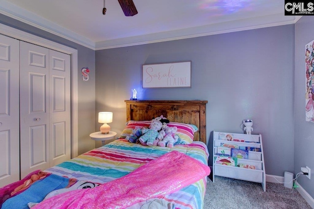 115 Chestnut Woods Ln, Columbia, SC 29212 - carpeted bedroom featuring baseboards, ceiling fan, a closet, and crown molding