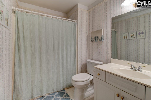 115 Chestnut Woods Ln, Columbia, SC 29212 - bathroom featuring toilet, wallpapered walls, vanity, tile patterned floors, and a shower with shower curtain
