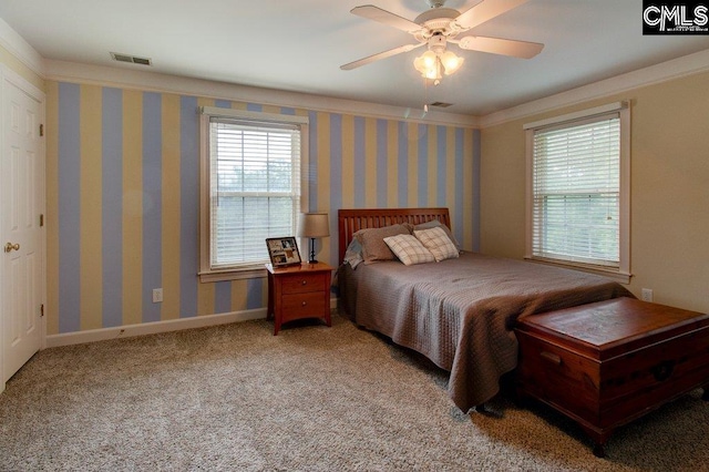 115 Chestnut Woods Ln, Columbia, SC 29212 - bedroom featuring carpet, wallpapered walls, and ceiling fan
