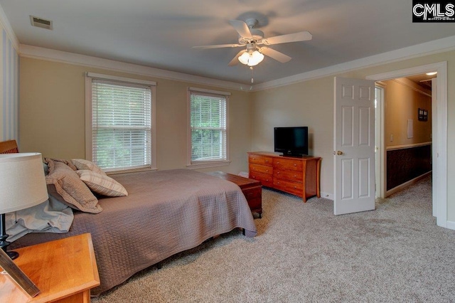 115 Chestnut Woods Ln, Columbia, SC 29212 - bedroom with light carpet, ornamental molding, baseboards, and a ceiling fan