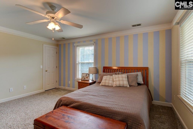 115 Chestnut Woods Ln, Columbia, SC 29212 - carpeted bedroom featuring baseboards, ornamental molding, and a ceiling fan