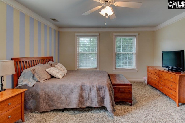 115 Chestnut Woods Ln, Columbia, SC 29212 - bedroom featuring crown molding, light carpet, a ceiling fan, and baseboards