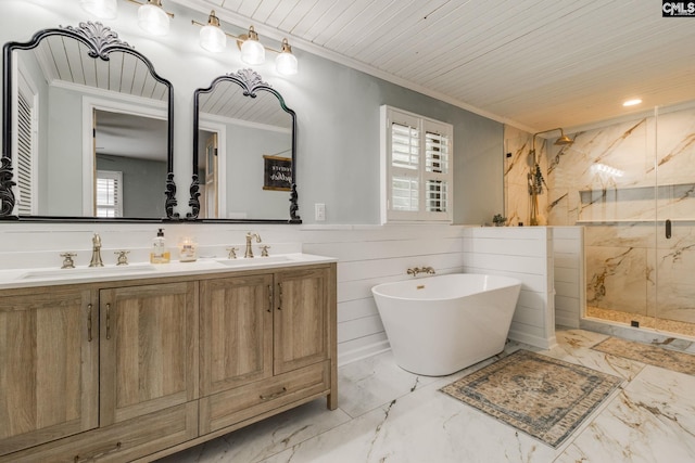 216 Jacobs Mill Pond Rd, Elgin, SC 29045 - bathroom featuring a marble finish shower, double vanity, a freestanding tub, marble finish floors, and crown molding