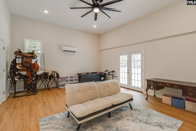 216 Jacobs Mill Pond Rd, Elgin, SC 29045 - living room featuring a wall mounted air conditioner, ceiling fan, healthy amount of natural light, light wood-style floors, and recessed lighting