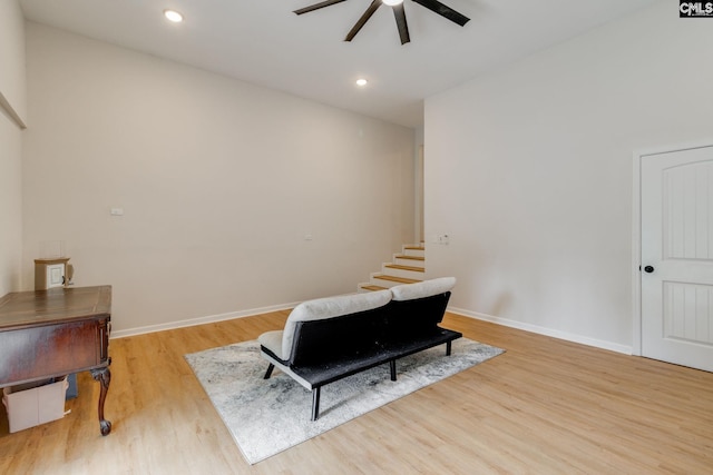 216 Jacobs Mill Pond Rd, Elgin, SC 29045 - sitting room featuring ceiling fan, light wood-style flooring, stairs, baseboards, and recessed lighting