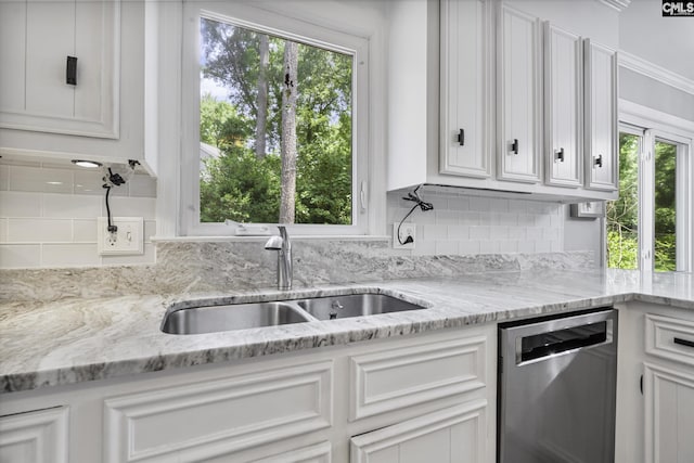 111 Rusty Barn Rd, Columbia, SC 29212 - kitchen with stainless steel dishwasher, a sink, white cabinetry, and plenty of natural light