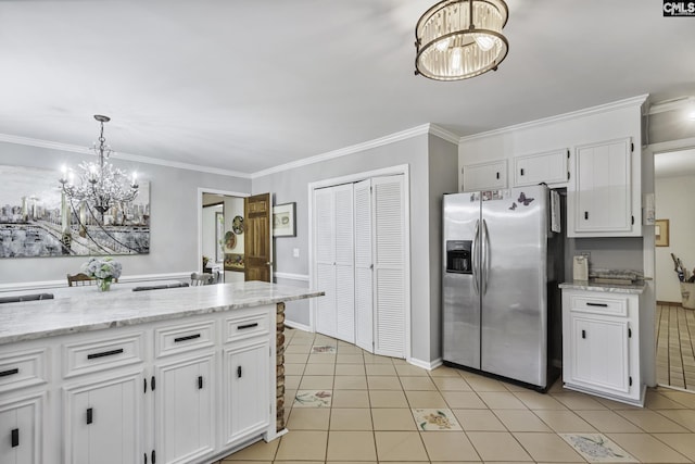 111 Rusty Barn Rd, Columbia, SC 29212 - kitchen featuring stainless steel refrigerator with ice dispenser, a chandelier, white cabinets, crown molding, and pendant lighting