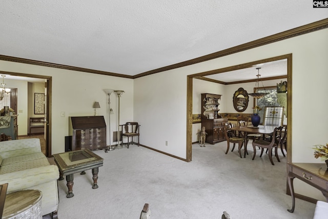 111 Rusty Barn Rd, Columbia, SC 29212 - living room featuring a chandelier, light colored carpet, ornamental molding, a textured ceiling, and baseboards