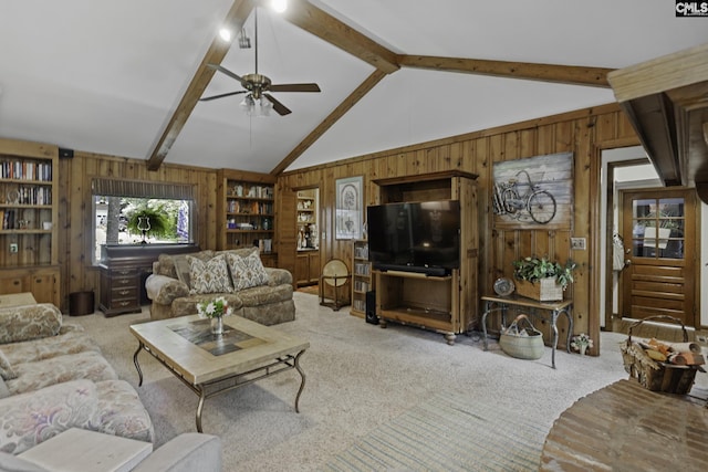 111 Rusty Barn Rd, Columbia, SC 29212 - carpeted living room with wood walls, ceiling fan, and built in shelves
