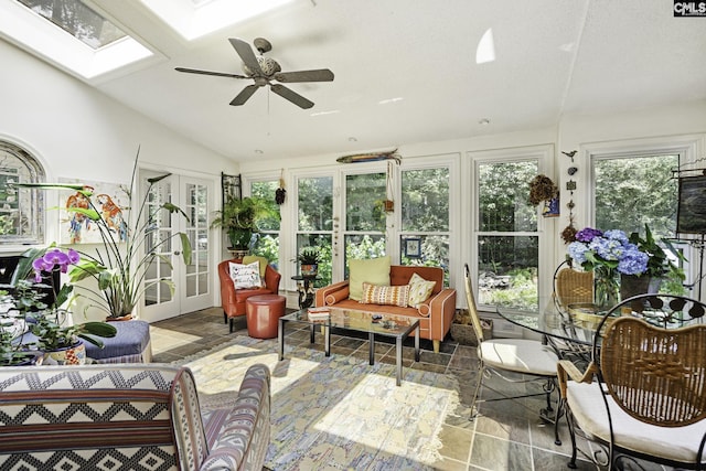 111 Rusty Barn Rd, Columbia, SC 29212 - sunroom / solarium featuring french doors, a skylight, stone tile floors, and lofted ceiling