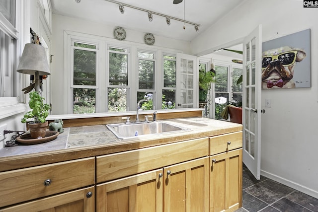 111 Rusty Barn Rd, Columbia, SC 29212 - kitchen featuring a sink, french doors, track lighting, and baseboards