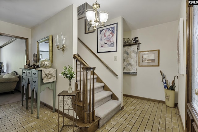 111 Rusty Barn Rd, Columbia, SC 29212 - staircase with a chandelier, brick patterned floors, and baseboards