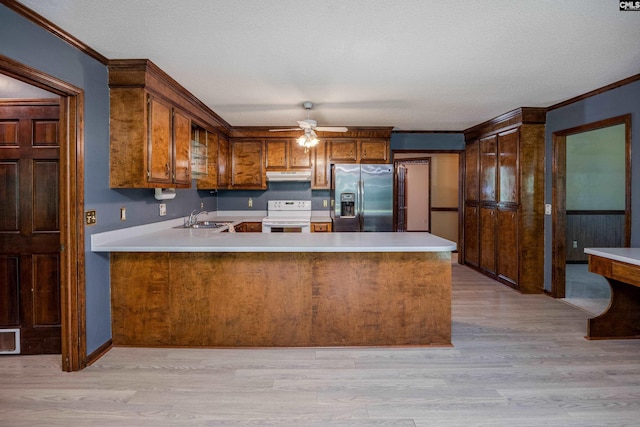 800 Wotan Rd, Columbia, SC 29229 - kitchen featuring stainless steel fridge with ice dispenser, white electric range, under cabinet range hood, light wood finished floors, and crown molding