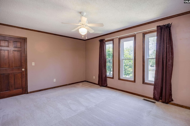 800 Wotan Rd, Columbia, SC 29229 - empty room with light colored carpet, ornamental molding, baseboards, ceiling fan, and a textured ceiling