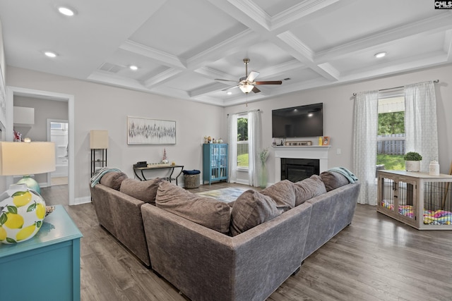 309 Springbrook Way, Chapin, SC 29036 - living room featuring coffered ceiling, plenty of natural light, a ceiling fan, wood finished floors, and a glass covered fireplace