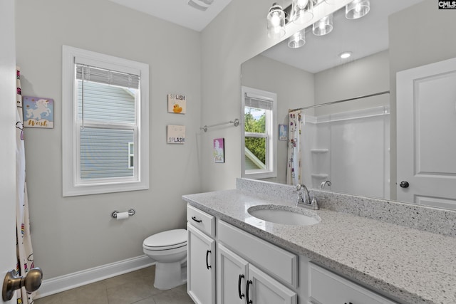 309 Springbrook Way, Chapin, SC 29036 - bathroom featuring tile patterned floors, vanity, toilet, baseboards, and a shower with shower curtain