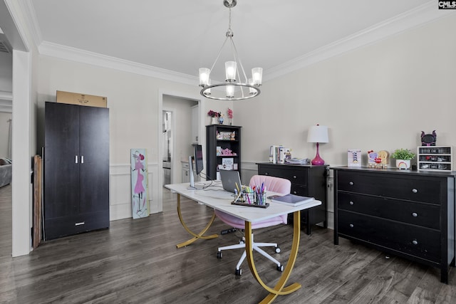 309 Springbrook Way, Chapin, SC 29036 - office area with crown molding, a chandelier, and dark wood-style flooring