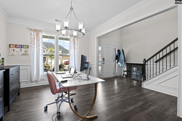 309 Springbrook Way, Chapin, SC 29036 - office space featuring a chandelier, crown molding, and dark wood-style floors
