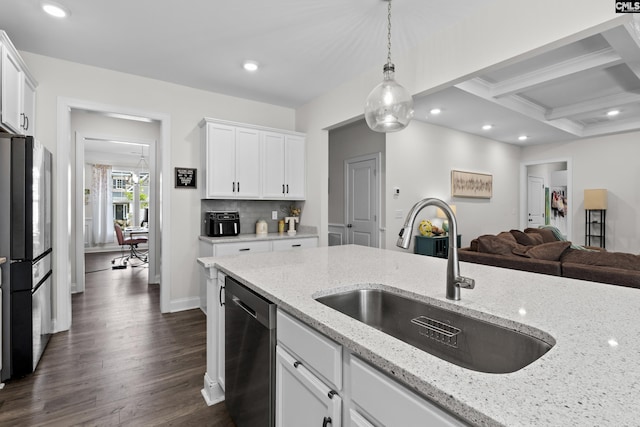 309 Springbrook Way, Chapin, SC 29036 - kitchen featuring freestanding refrigerator, a sink, stainless steel dishwasher, open floor plan, and dark wood finished floors