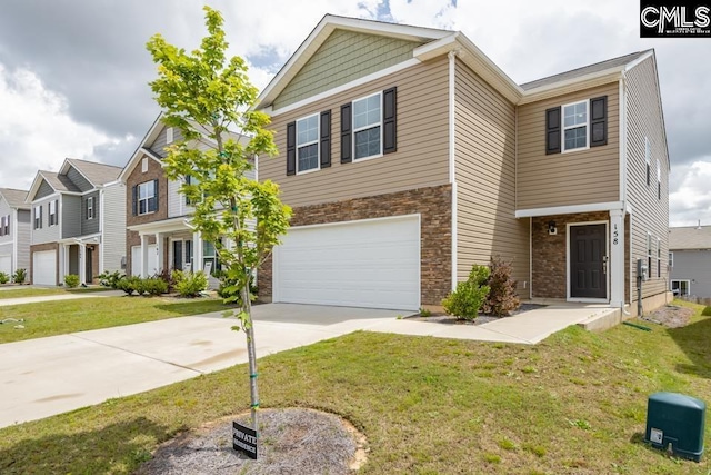 158 Dunham Rd, Columbia, SC 29209 - view of property with an attached garage, concrete driveway, a front yard, and stone siding