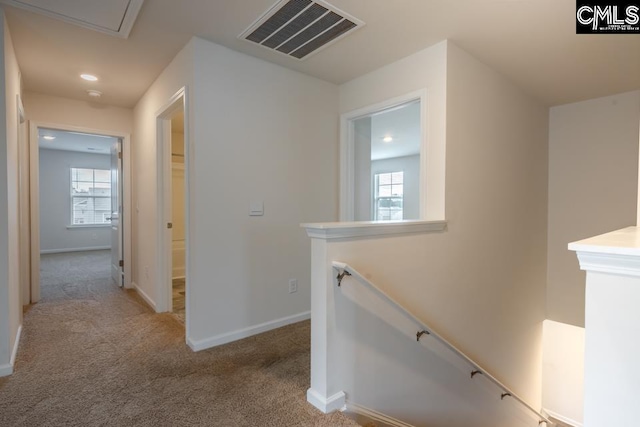 158 Dunham Rd, Columbia, SC 29209 - hallway with an upstairs landing, carpet flooring, baseboards, and recessed lighting