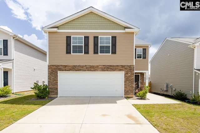 158 Dunham Rd, Columbia, SC 29209 - view of front of house with a front lawn, concrete driveway, an attached garage, and stone siding