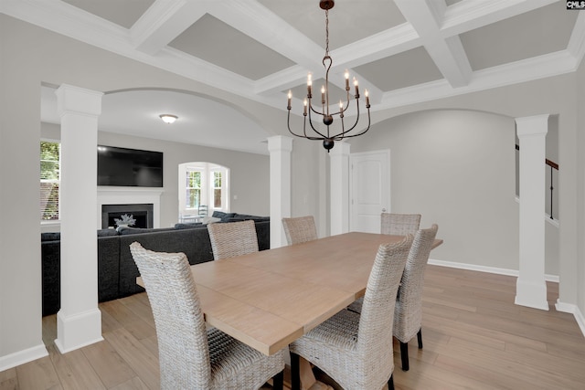 416 Harbour Pointe Dr, Columbia, SC 29229 - dining space featuring decorative columns, coffered ceiling, arched walkways, beam ceiling, and light wood-style flooring