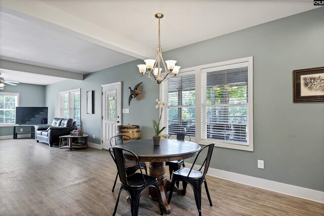 1122 Rawl Rd, Lexington, SC 29072 - dining area featuring baseboards, light wood-type flooring, a chandelier, and ceiling fan