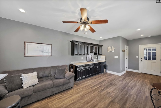 1122 Rawl Rd, Lexington, SC 29072 - living room featuring wood finished floors, ceiling fan, baseboards, and recessed lighting