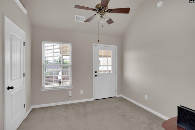 506 Moulton Way W, Columbia, SC 29170 - foyer entrance with lofted ceiling, light colored carpet, baseboards, and ceiling fan