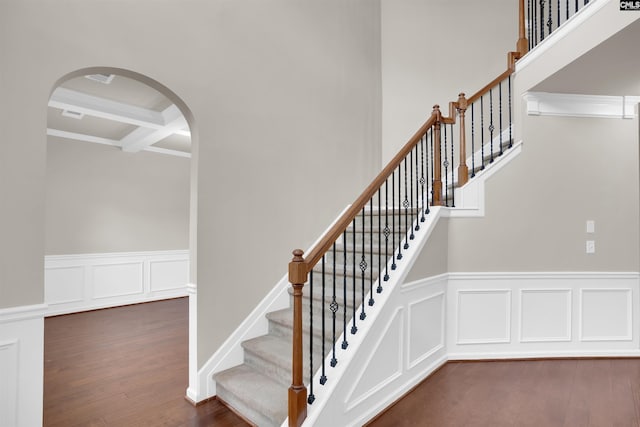 506 Moulton Way W, Columbia, SC 29170 - stairs with wood finished floors, beam ceiling, arched walkways, coffered ceiling, and wainscoting