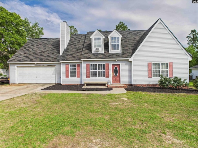 40 Driftwood Ave, Elgin, SC 29045 - cape cod-style house with a garage, concrete driveway, a front yard, and a chimney