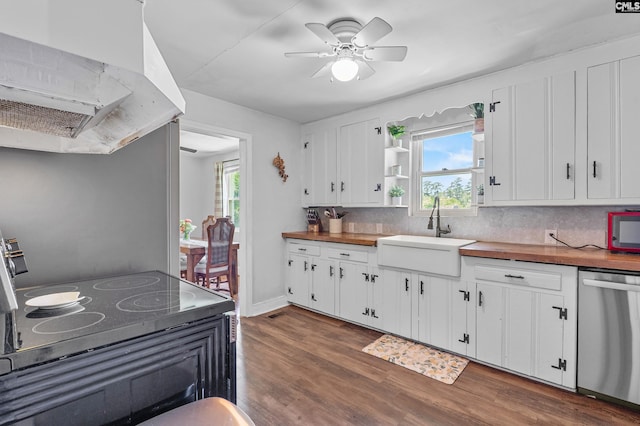 564 Rainbow Cir, West Columbia, SC 29170 - kitchen with dishwasher, a sink, under cabinet range hood, a ceiling fan, and white cabinetry