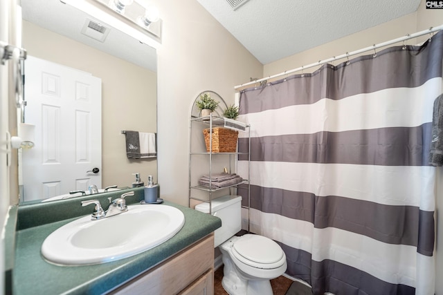 5 Indigo Lake Ct, Columbia, SC 29229 - bathroom with toilet, vanity, a textured ceiling, and curtained shower