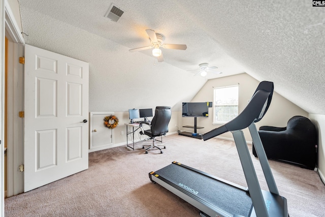 5 Indigo Lake Ct, Columbia, SC 29229 - workout room featuring ceiling fan, carpet, a textured ceiling, and lofted ceiling