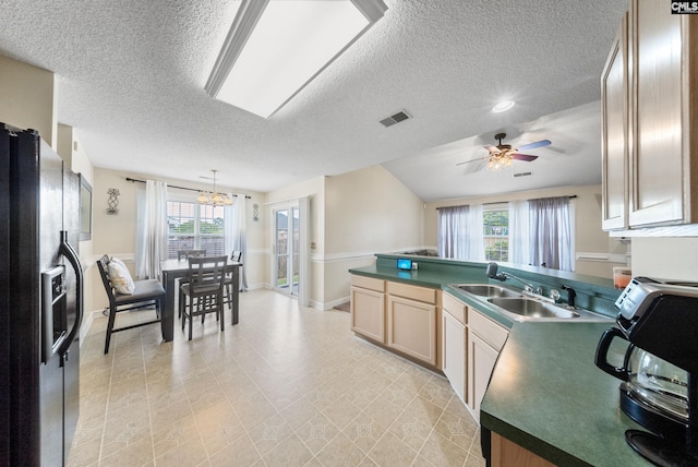 5 Indigo Lake Ct, Columbia, SC 29229 - kitchen featuring black fridge with ice dispenser, a textured ceiling, light brown cabinetry, ceiling fan, and a sink