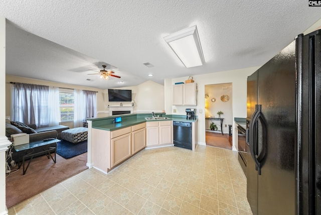 5 Indigo Lake Ct, Columbia, SC 29229 - kitchen with black appliances, a sink, open floor plan, a peninsula, and a textured ceiling
