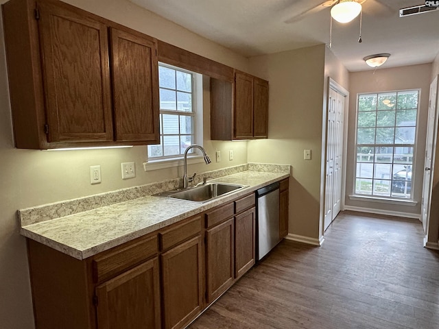 26 Someton Ct, Irmo, SC 29063 - kitchen with a sink, stainless steel dishwasher, wood finished floors, light countertops, and a ceiling fan