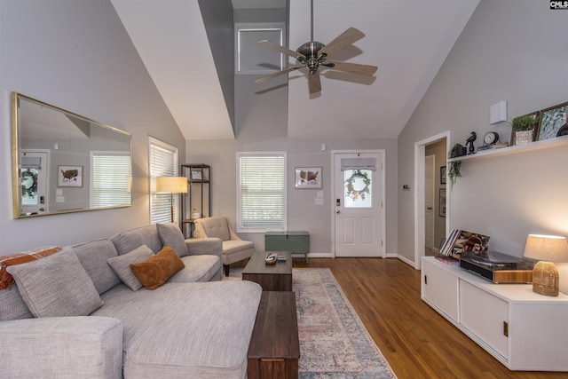 615 Laurel Hill Ln, Columbia, SC 29201 - living area featuring high vaulted ceiling, ceiling fan, wood finished floors, and baseboards