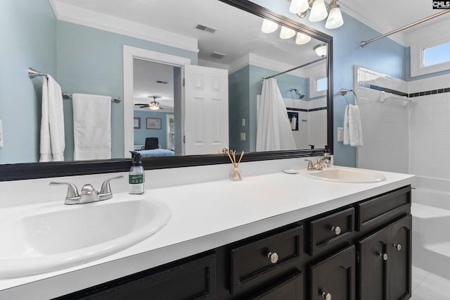 1130 Coatesdale Rd, Columbia, SC 29209 - bathroom with double vanity, shower / tub combo with curtain, connected bathroom, crown molding, and a ceiling fan
