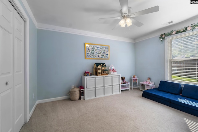 1130 Coatesdale Rd, Columbia, SC 29209 - living area featuring carpet flooring, ceiling fan, ornamental molding, and baseboards