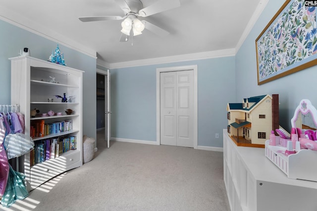 1130 Coatesdale Rd, Columbia, SC 29209 - playroom featuring ornamental molding, carpet flooring, a ceiling fan, and baseboards