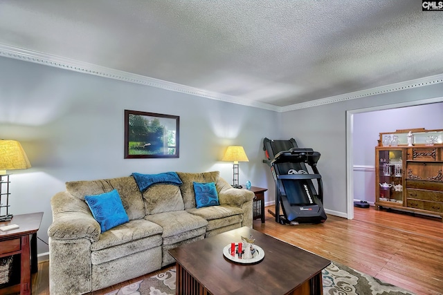 225 King Charles Rd, Columbia, SC 29209 - living area with ornamental molding, wood finished floors, baseboards, and a textured ceiling