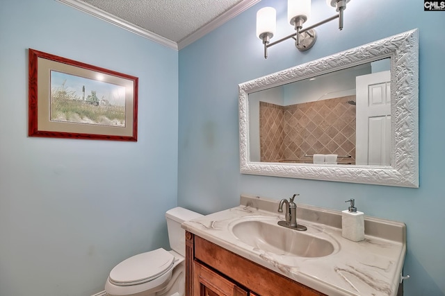 225 King Charles Rd, Columbia, SC 29209 - bathroom featuring vanity, toilet, crown molding, a textured ceiling, and a shower