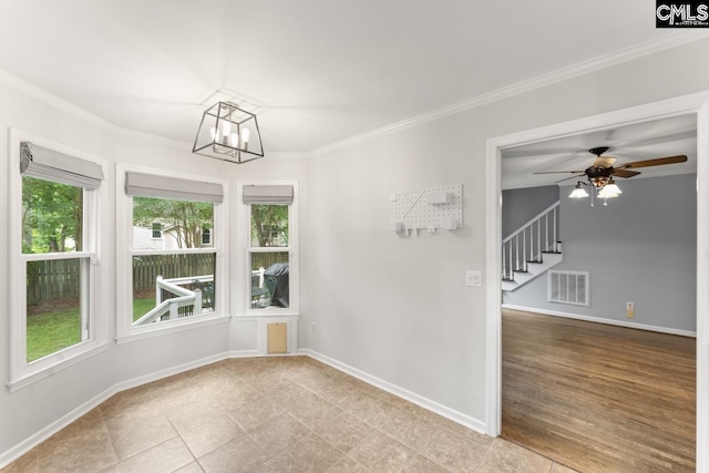 6304 Christie Rd, Columbia, SC 29209 - unfurnished dining area with ornamental molding, stairs, baseboards, and a chandelier