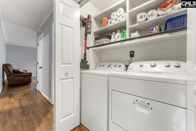 6304 Christie Rd, Columbia, SC 29209 - washroom featuring washing machine and dryer, wood finished floors, ornamental molding, and baseboards