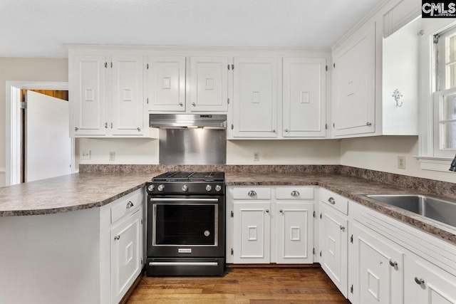 200 Shady Ln, Cayce, SC 29033 - kitchen featuring stainless steel range with gas stovetop, under cabinet range hood, white cabinets, dark wood-style flooring, and dark countertops